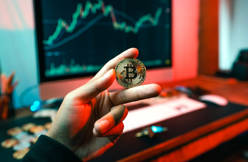Hand holding a Bitcoin coin in front of a computer screen showing a crypto price chart